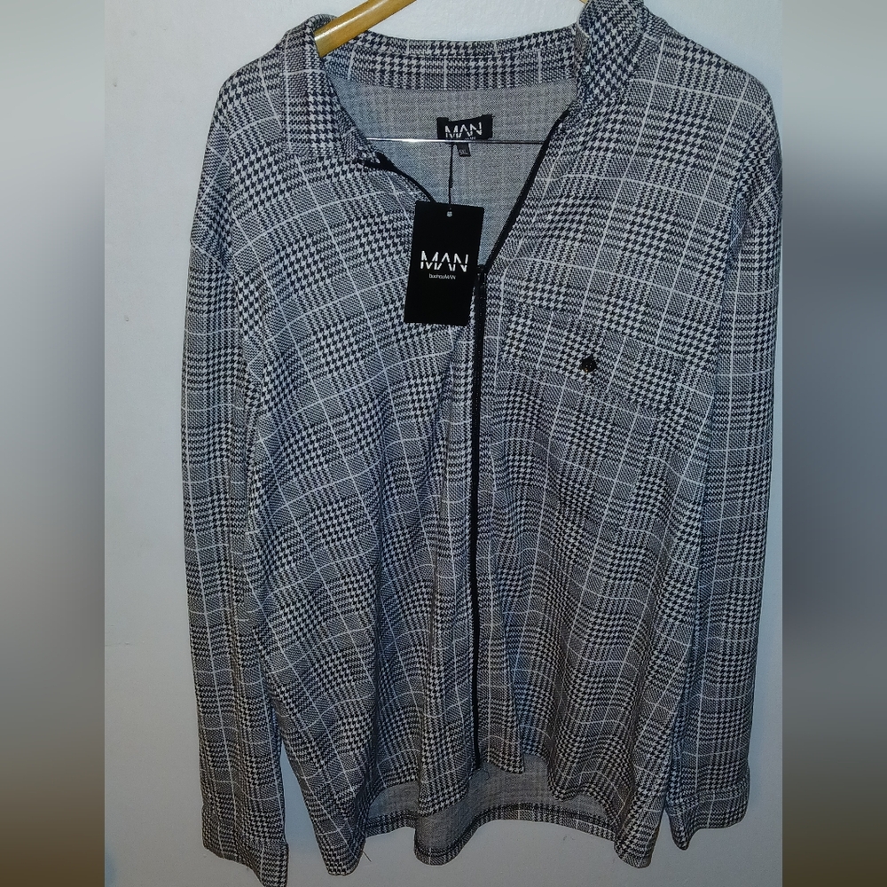 Boohoo Mens Gray and Black Patterned Shirt Jacket